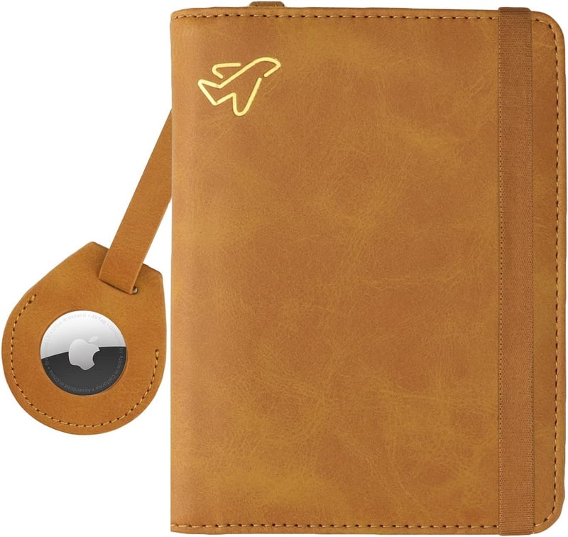 WALNEW AirTag Passport Holder and Vaccine Card Holder Combo, RFID Blocking Travel Passport Wallet with Vaccine Card Protector Slot and Airtag Protective Case(Brown) - Image 1